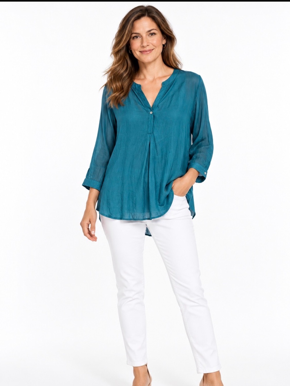 Dolan Teal V-Neck Tunic Blouse, Long Sleeve, Size L